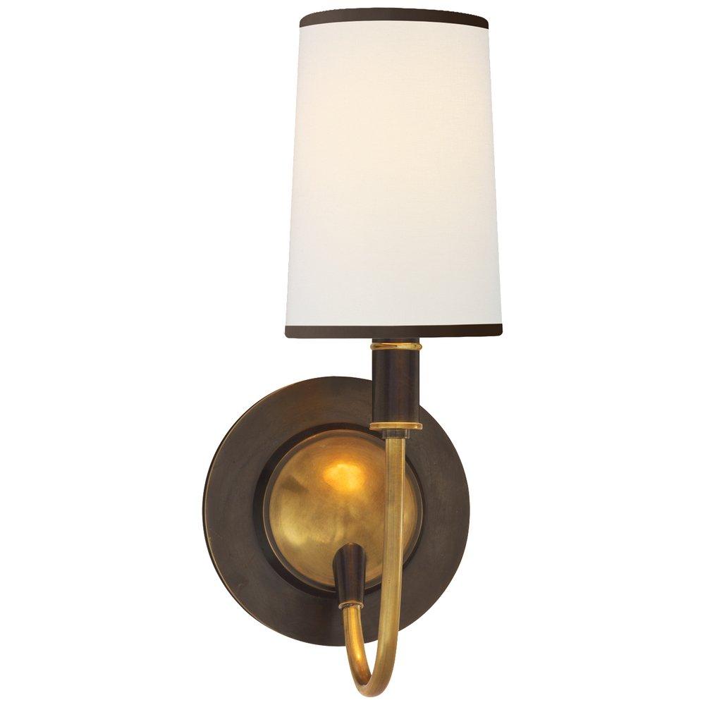 ELKINS SCONCE IN BRZ AND HAND-RUBBED ANTIQUE BRASS WITH LINEN SHADE WITH BLACK TRIM 