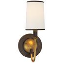 ELKINS SCONCE IN BRZ AND HAND-RUBBED ANTIQUE BRASS WITH LINEN SHADE WITH BLACK TRIM 
