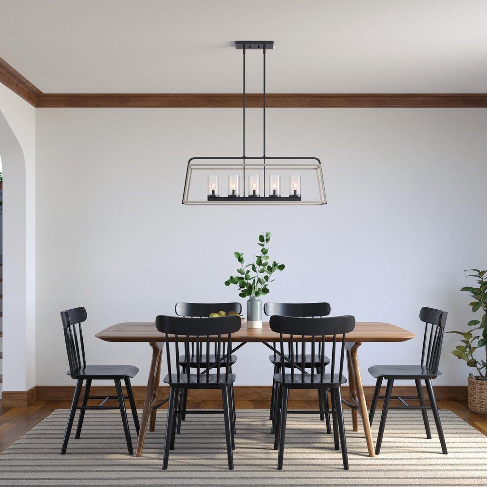 5-Light Chandelier Ceiling Light in Matte Black Grey Wood 