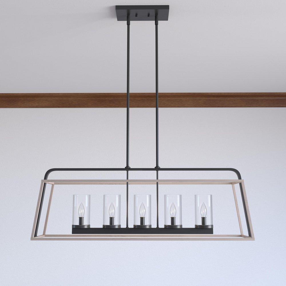 5-Light Chandelier Ceiling Light in Matte Black Grey Wood 