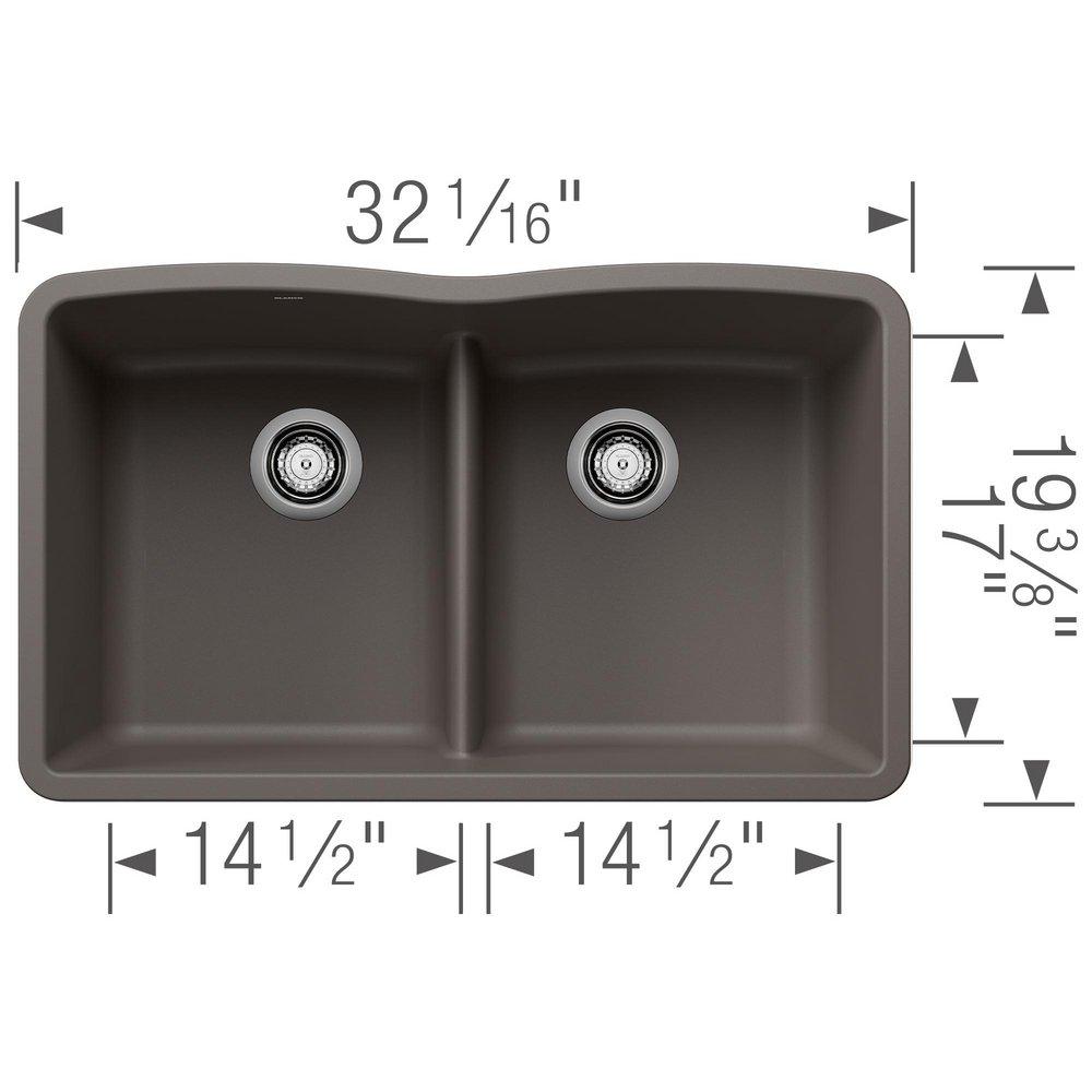 BLANCO Volcano Grey 32 x 19-3/8 in. No Hole Granite Composite Double Bowl Undermount Kitchen Sink 