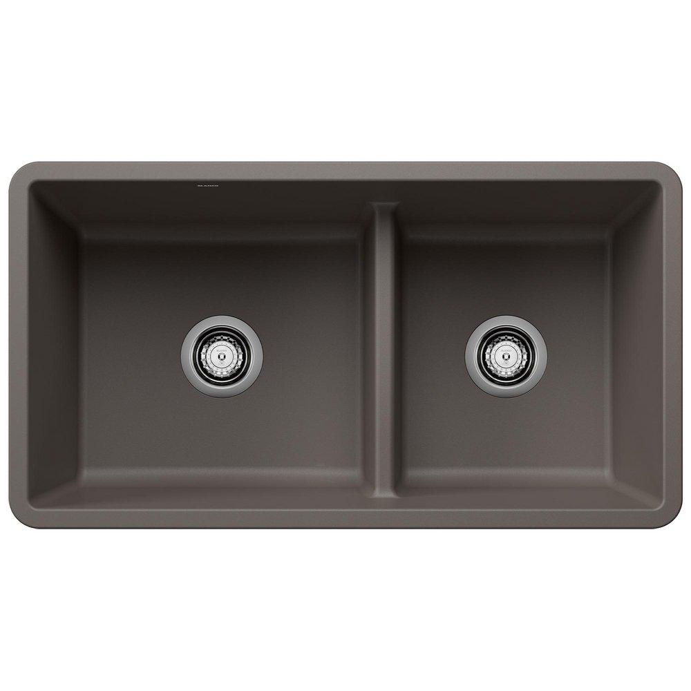 BLANCO Volcano Grey 33 x 18 in. No Hole Granite Composite Double Bowl Undermount Kitchen Sink 