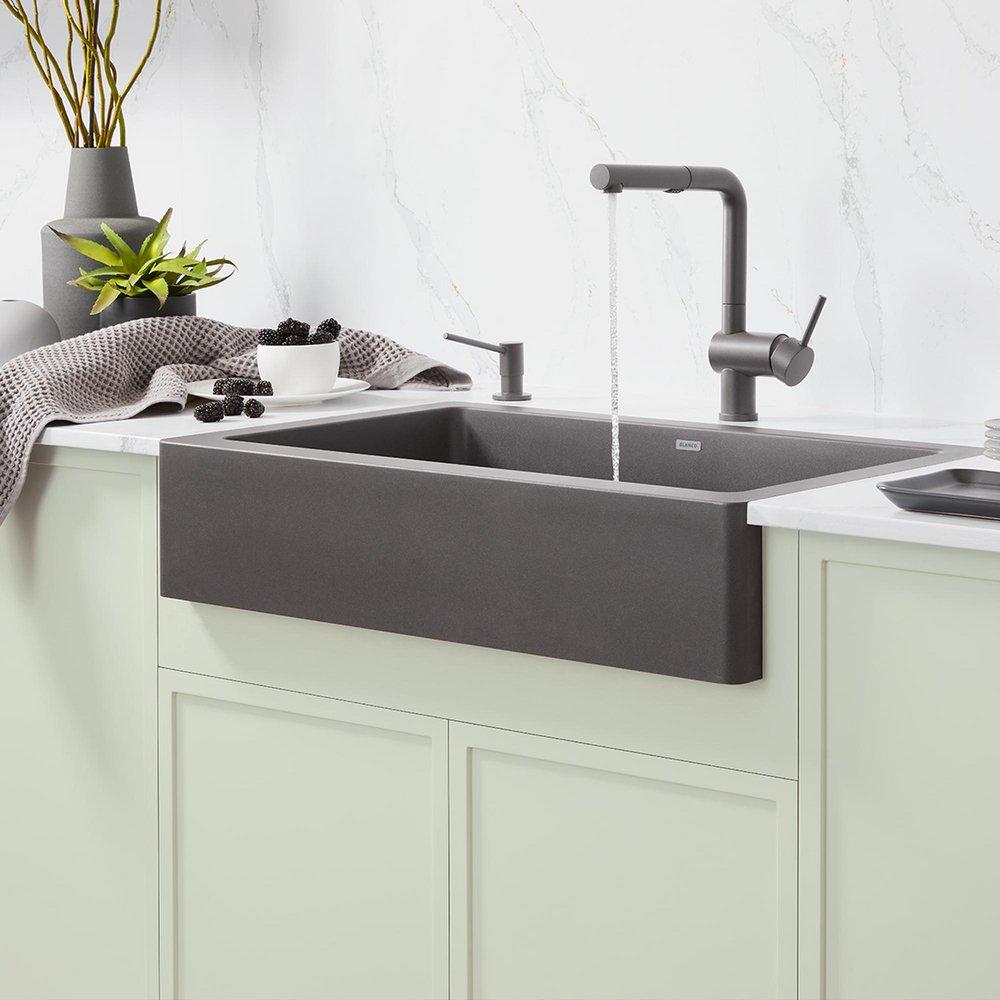BLANCO Volcano Grey 29-13/16 x 19 in. No Hole Granite Single Bowl Farmhouse and Undermount Kitchen Sink 