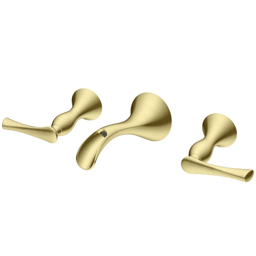 Two Handle Widespread Wall Mount Bathroom Sink Faucet in Brushed Gold 