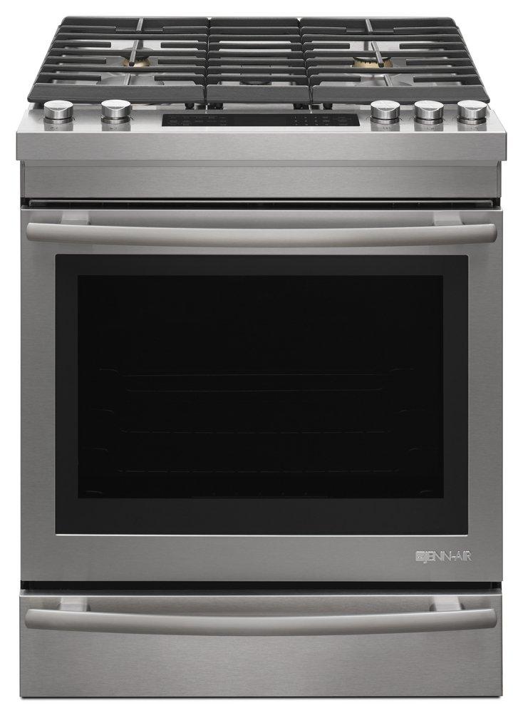 JennAir Stainless Steel 29-7/8 in. 5.8 cu. ft. 56200 BTU 5-Burner Sealed Gas Slide-In Range 