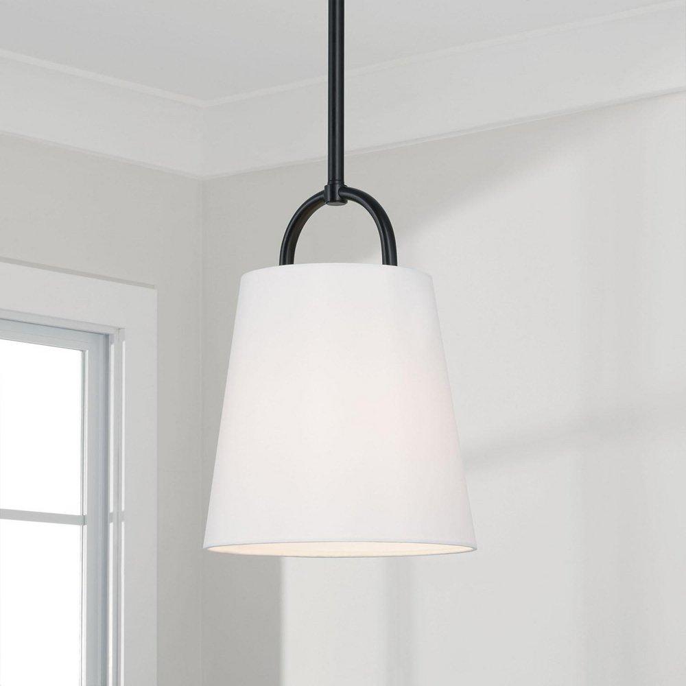 100W 1-Light E26 Pendant in Matte Black / White Fabric 