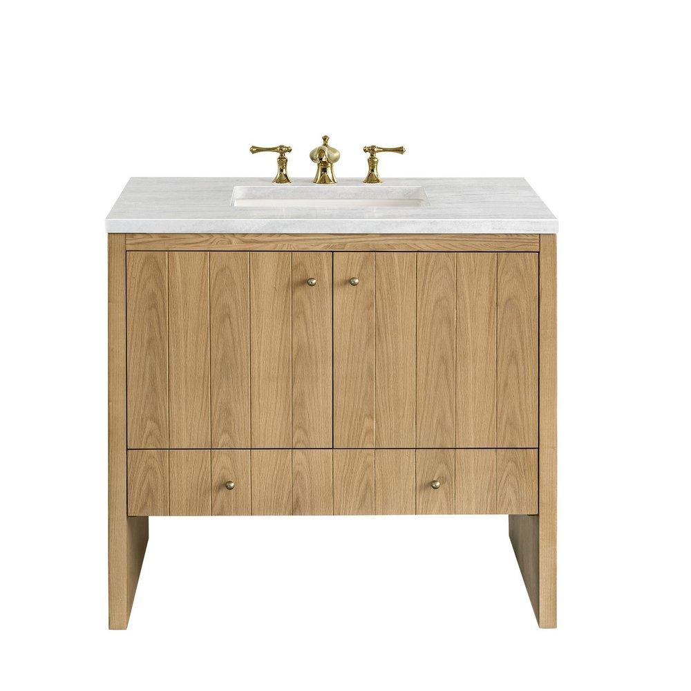 36 in. Floor Mount Vanity in Light Natural Oak with Arctic Fall Quartz 