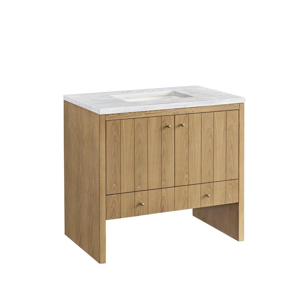 36 in. Floor Mount Vanity in Light Natural Oak with Arctic Fall Quartz 