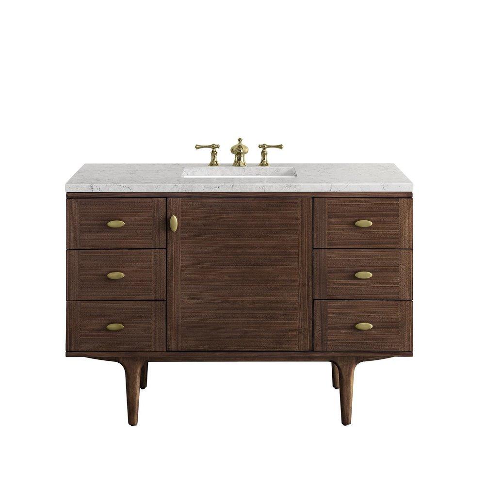 48 in. Floor Mount Vanity in Mid Century Walnut with Jasmine Pearl Top 