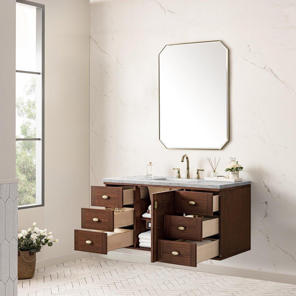 48 in. Floor Mount Vanity in Mid Century Walnut with Jasmine Pearl Top 