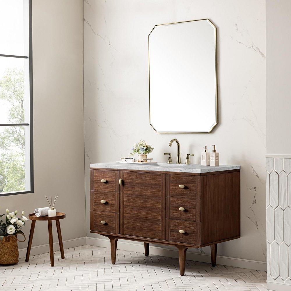 48 in. Floor Mount Vanity in Mid Century Walnut with Jasmine Pearl Top 