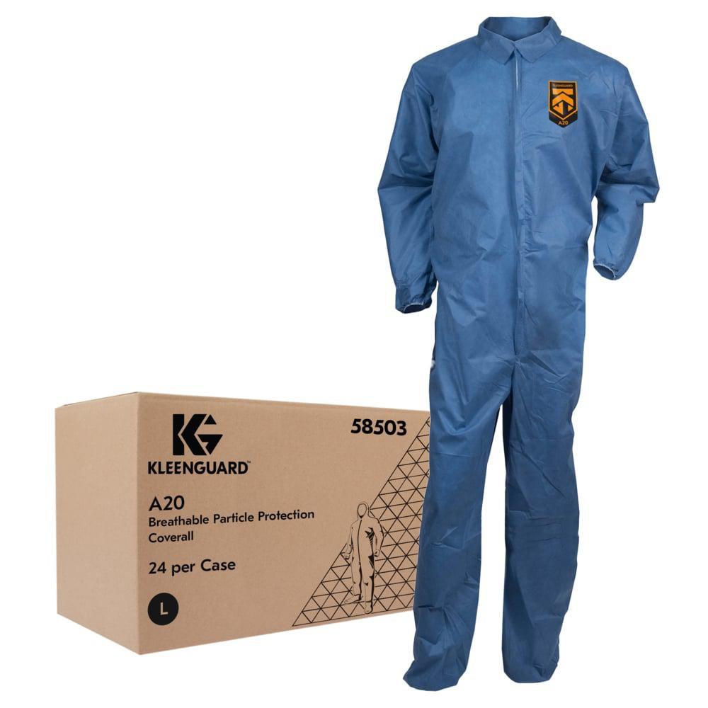 KLEENGUARD A20 BREATHABLE PARTICLE PROTECTION COVERALLS REFLEX DESIGN ZIP FRONT ELASTIC BACK WRISTS & ANKLES BLUE DENIM L 24/CASE 