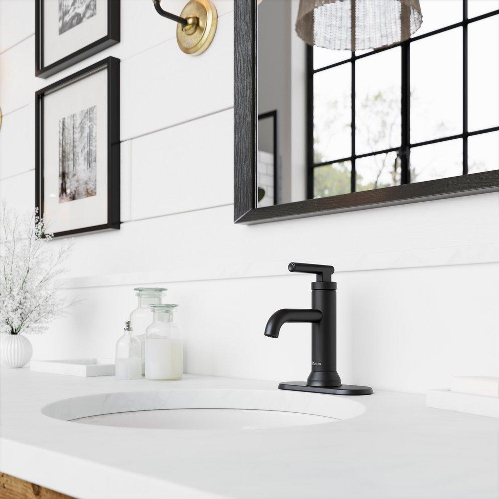 CAPISTRANO SINGLE CONTROL 4 CENTERSET 4 CENTERSET BATHROOM FAUCET IN SPOT DEFENSE MATTE BLACK 