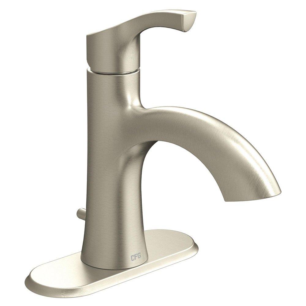 BRUSHED NICKEL ONE-HANDLE LOW ARC BATHROOM FAUCET 
