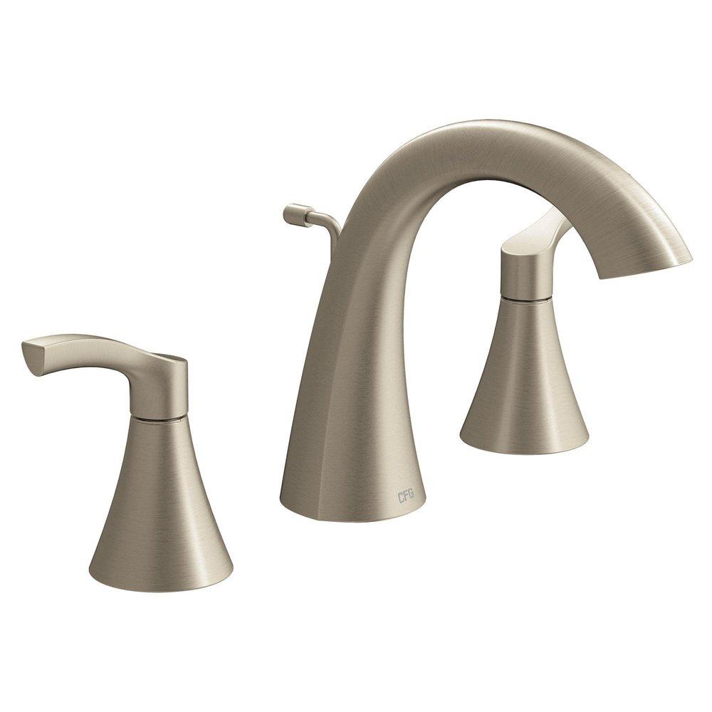 BRUSHED NICKEL TWO-HANDLE HIGH ARC BATHROOM FAUCET 