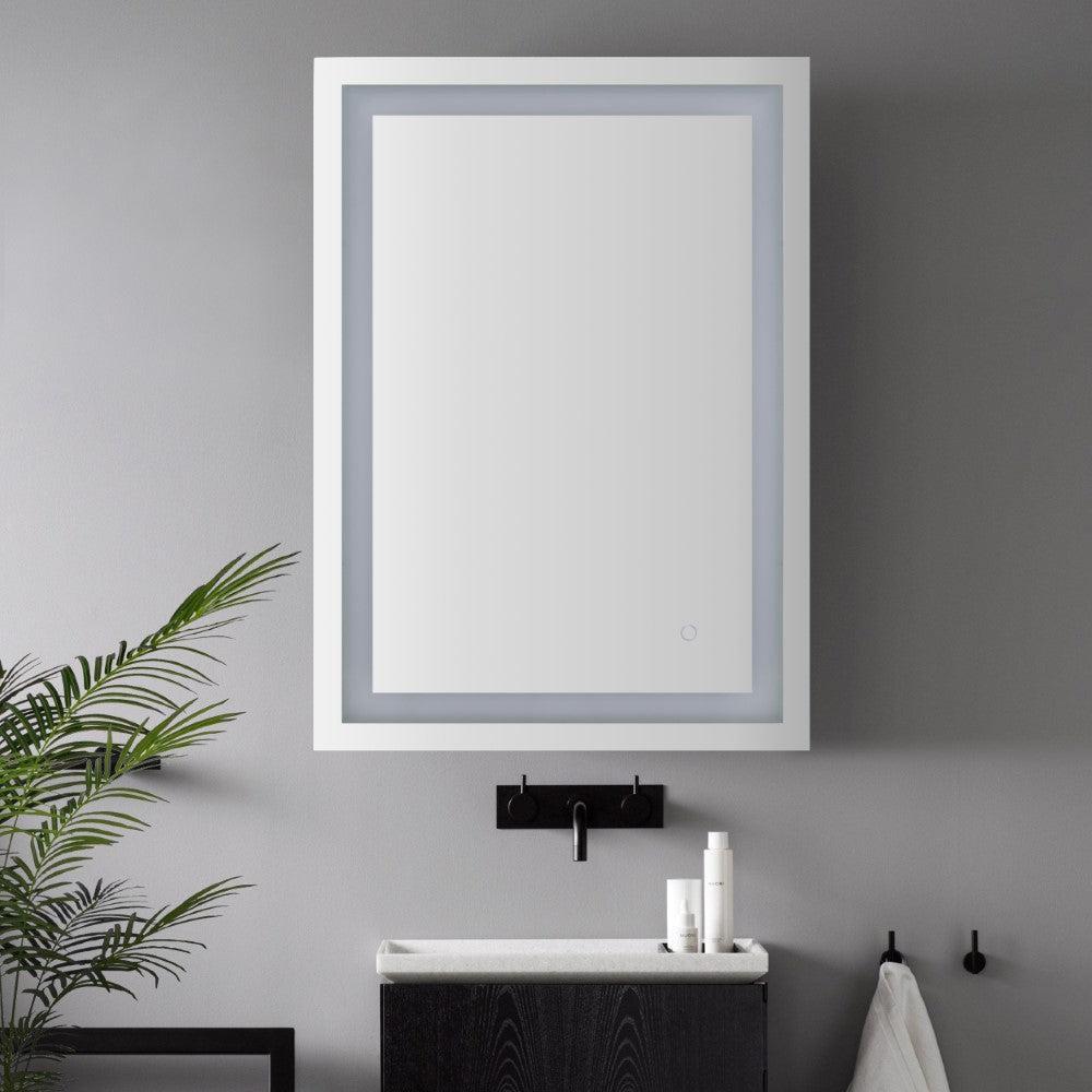 JONATHAN Y White 30 in. Flat Edge Rectangular Lighted Mirror in White 