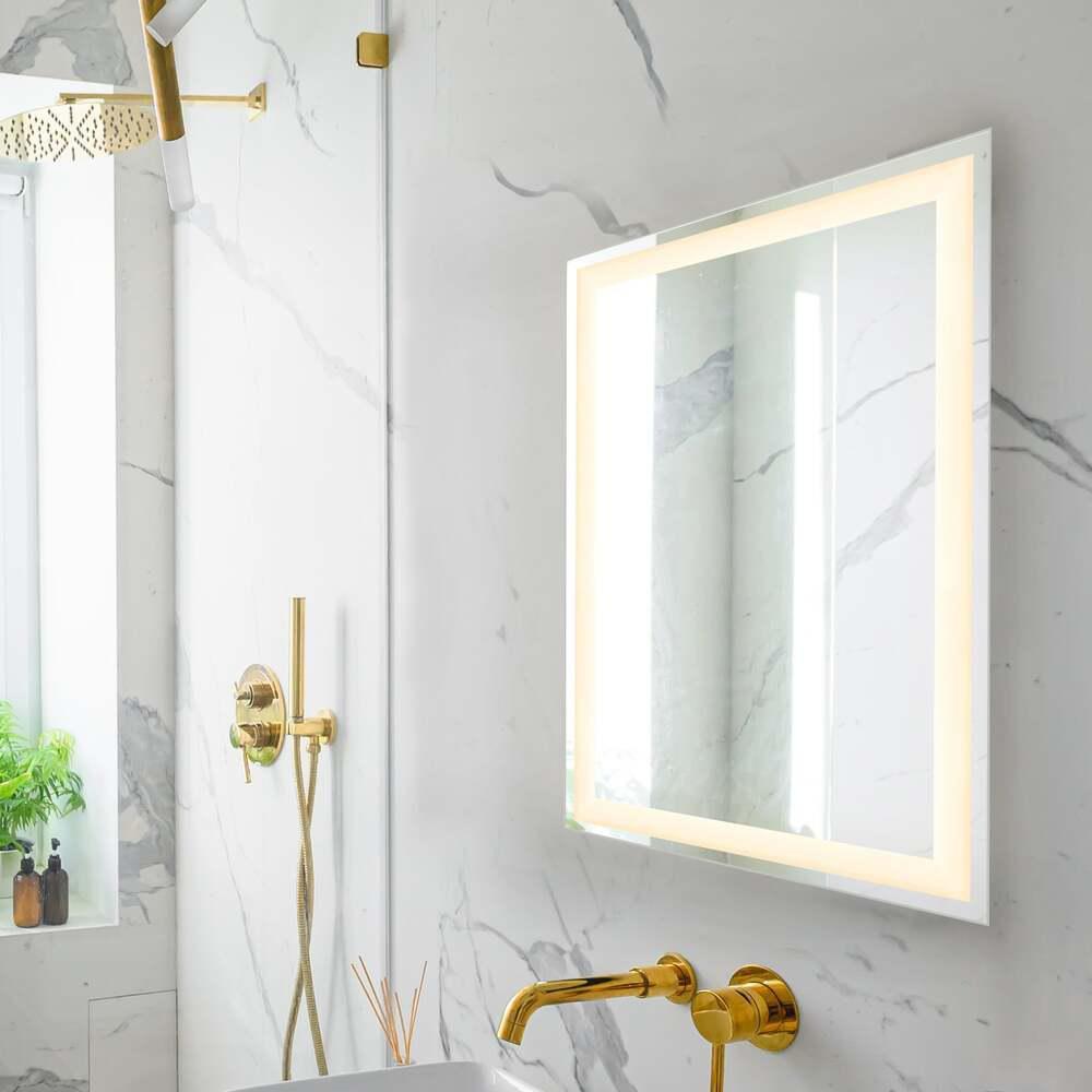 JONATHAN Y White 30 in. Flat Edge Rectangular Lighted Mirror in White 