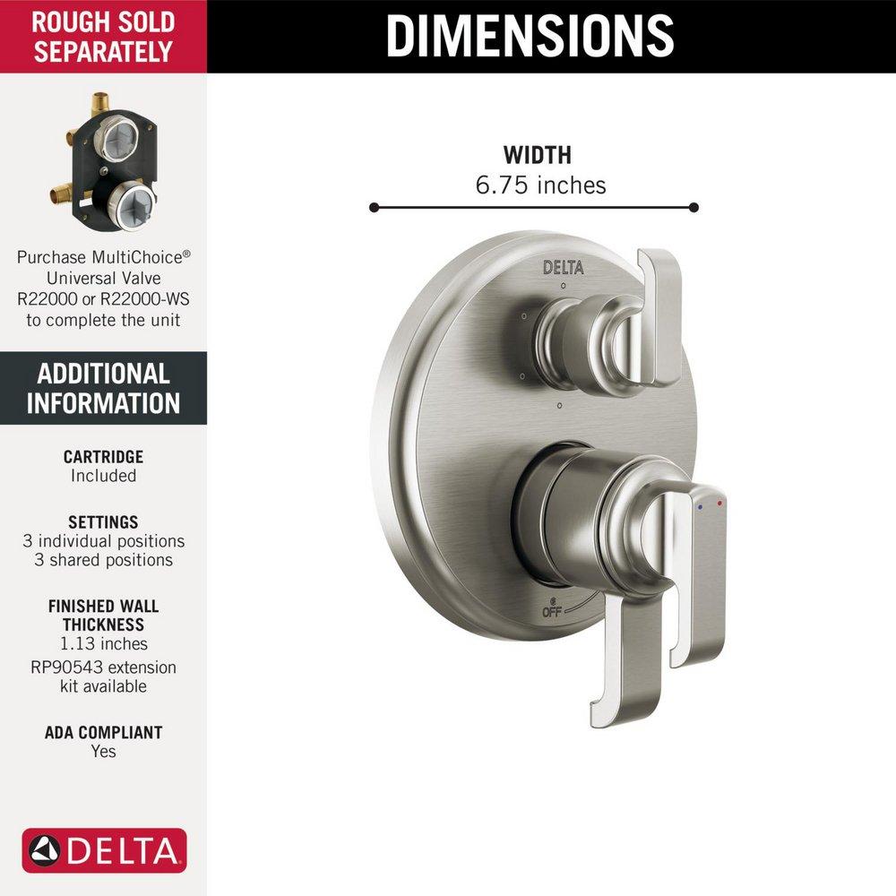 Delta Faucet Lumicoat Stainless Three Handle Pressure Balancing Valve Trim 