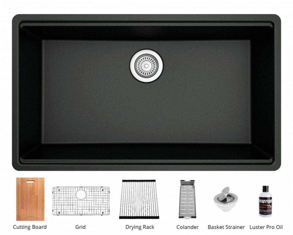 Karran USA Black 32-1/2 x 19-1/4 in. No Hole Quartz Single Bowl Undermount Kitchen Sink 