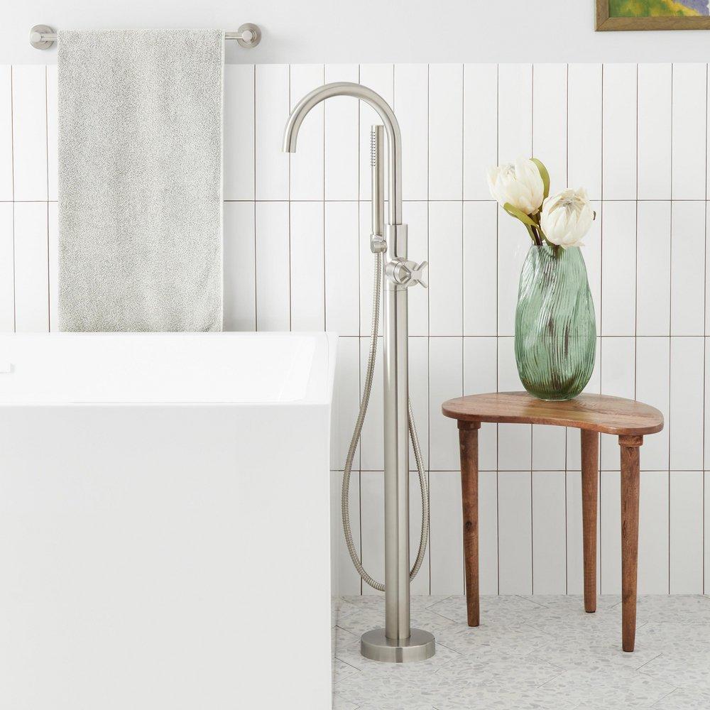 FREESTANDING TUB FAUCET WITH HAND SHOWER AND ROUGH-IN VALVE WITH STOPS BRUSHED NICKEL 