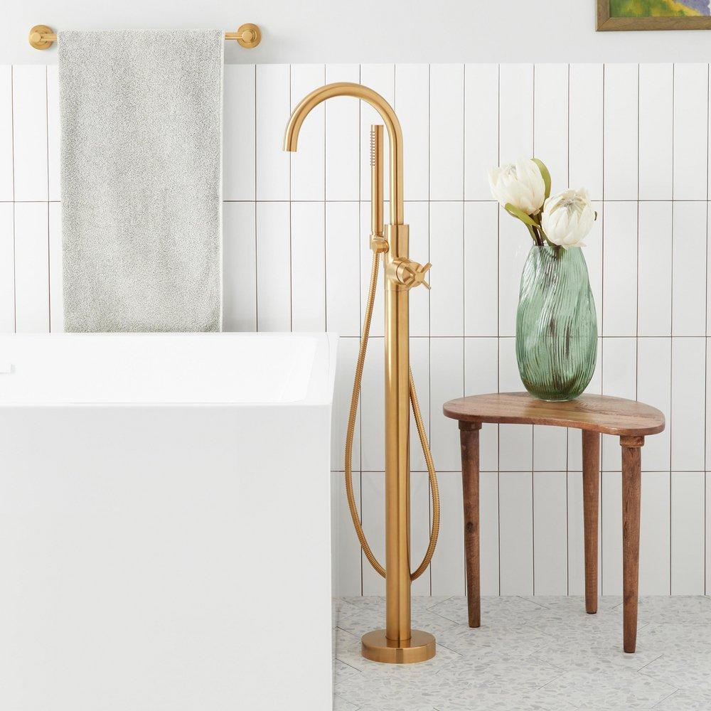 FREESTANDING TUB FAUCET WITH HAND SHOWER AND ROUGH-IN VALVE WITH STOPS BRUSHED GOLD 