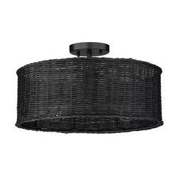 100W 3-Lights E26 A19 Semi-Flush Mount Ceiling Fixture in Matte Black / Black Wicker