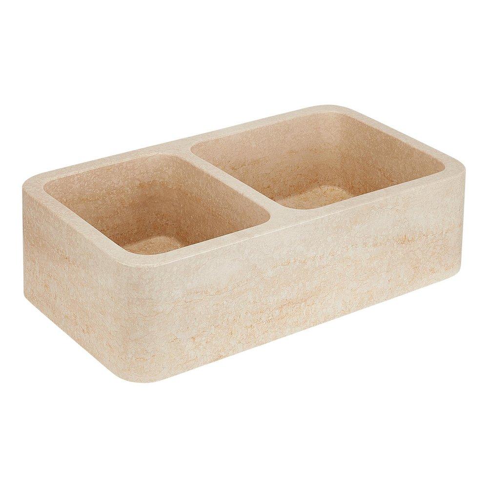 36 in. Farmhouse Ivy Marble Double Bowl Kitchen Sink in Egyptian Cream 