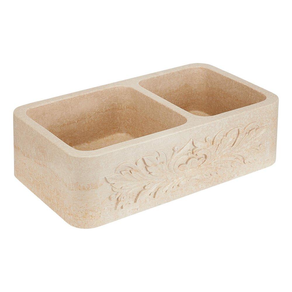 36 in. Farmhouse Ivy Marble Double Bowl Kitchen Sink in Egyptian Cream 