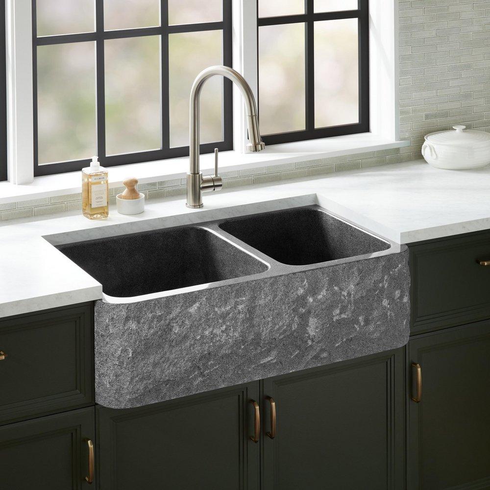 36 FINBROOK CHISELED 60/40 OFFSET DOUBLE BOWL GRANITE FARMHOUSE SINK - BLACK 