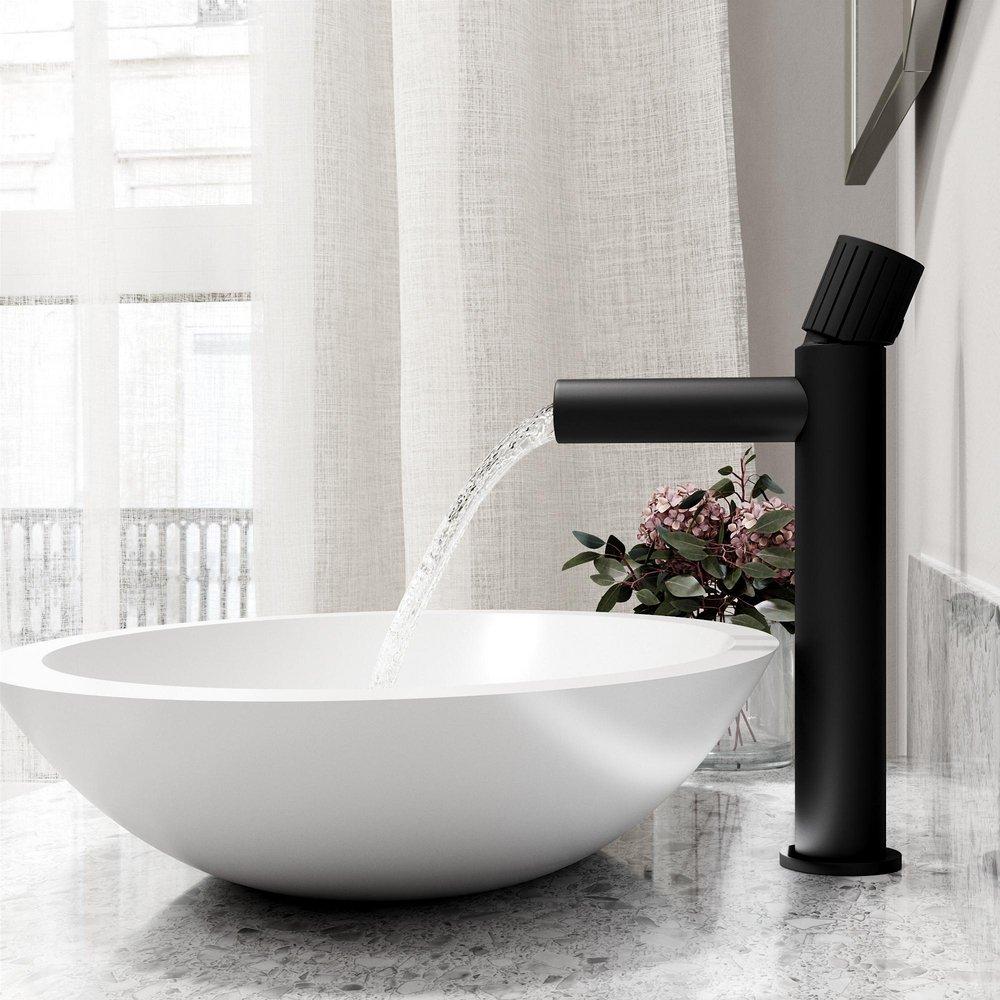 VIGO WISTERIA MATTE STONE VESSEL BATHROOM SINK WITH ASHFORD BATHROOM FAUCET AND POP-UP DRAIN IN MATTE BLACK 