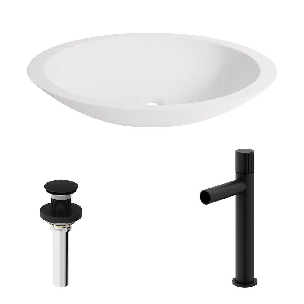 VIGO WISTERIA MATTE STONE VESSEL BATHROOM SINK WITH ASHFORD BATHROOM FAUCET AND POP-UP DRAIN IN MATTE BLACK 