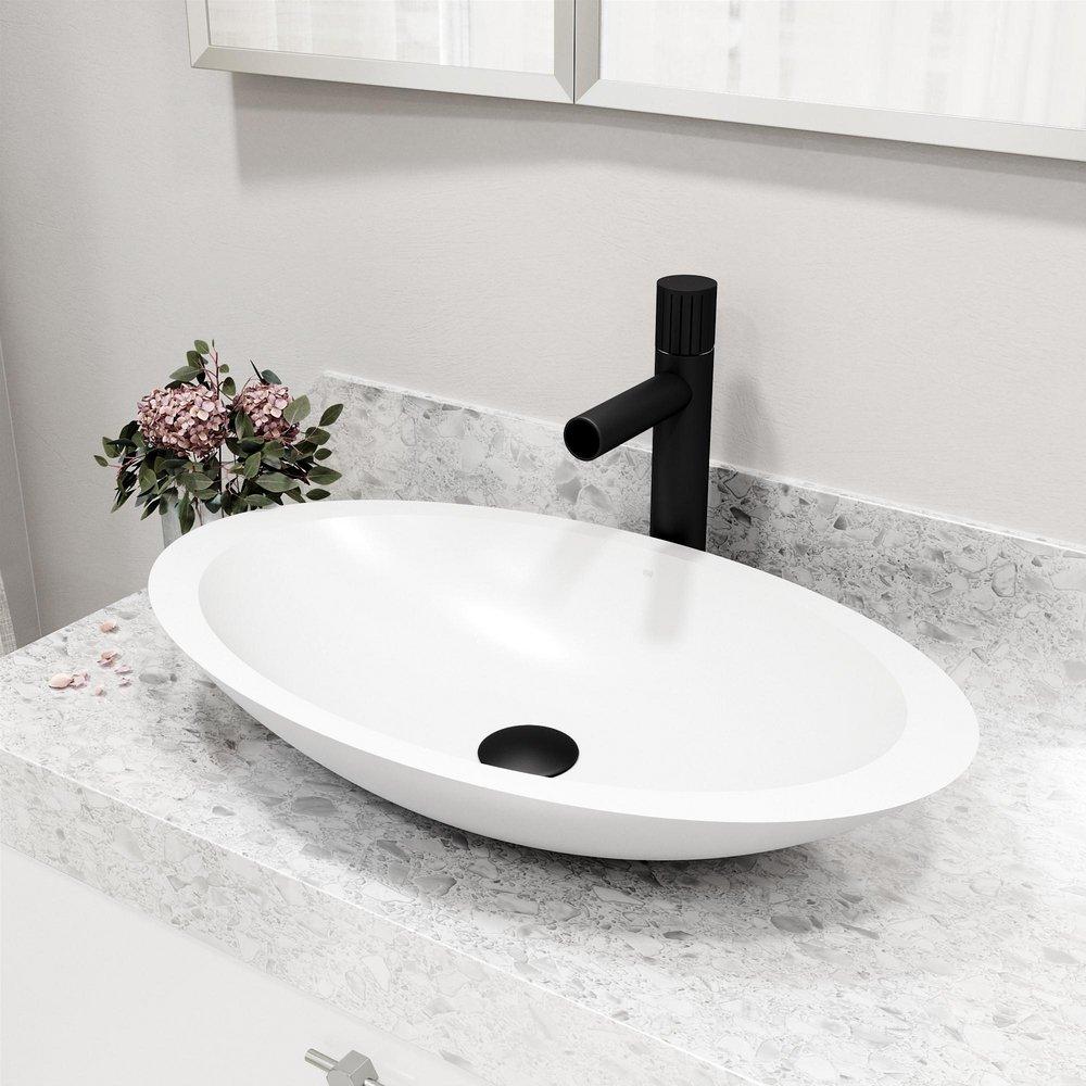 VIGO WISTERIA MATTE STONE VESSEL BATHROOM SINK WITH ASHFORD BATHROOM FAUCET AND POP-UP DRAIN IN MATTE BLACK 