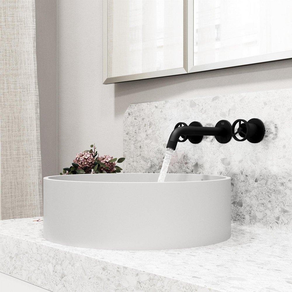 VIGO ANVIL MATTE STONE VESSEL BATHROOM SINK WITH CASS WALL MOUNT BATHROOM FAUCET AND POP-UP DRAIN IN MATTE BLACK 