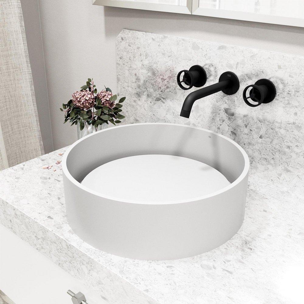 VIGO ANVIL MATTE STONE VESSEL BATHROOM SINK WITH CASS WALL MOUNT BATHROOM FAUCET AND POP-UP DRAIN IN MATTE BLACK 