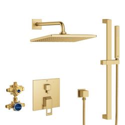 Two Handle Pressure Balance Rainshower Bundle in Brushed Cool Sunrise (Includes: Showerhead, Hand Shower, Slide Bar, Shower Arm, Hose, Wall Supply, Valve Trim, & Diverter Trim)