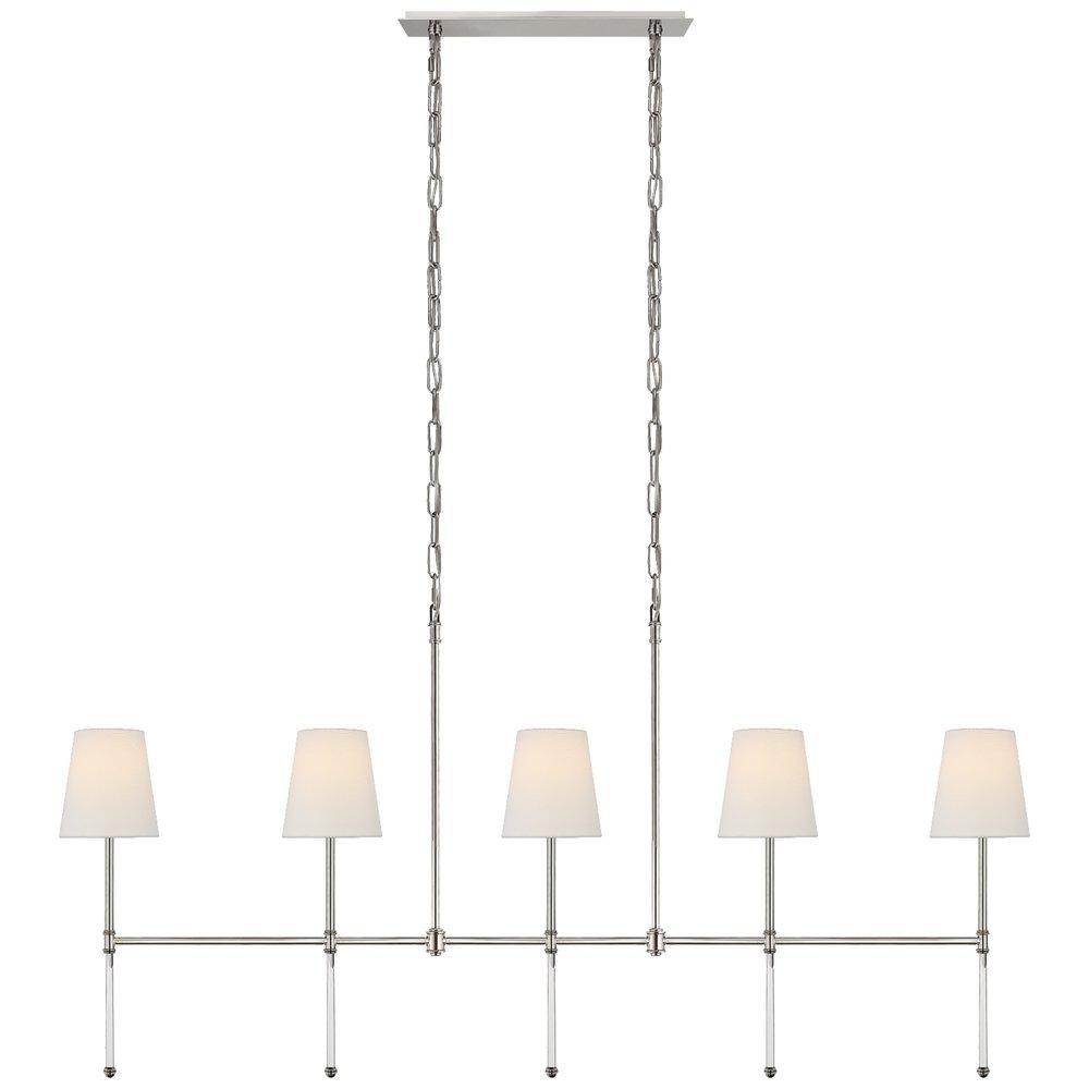 CAMILLE MEDIUM LINEAR CHANDELIER IN POLISHED NICKEL WITH LINEN SHADES 