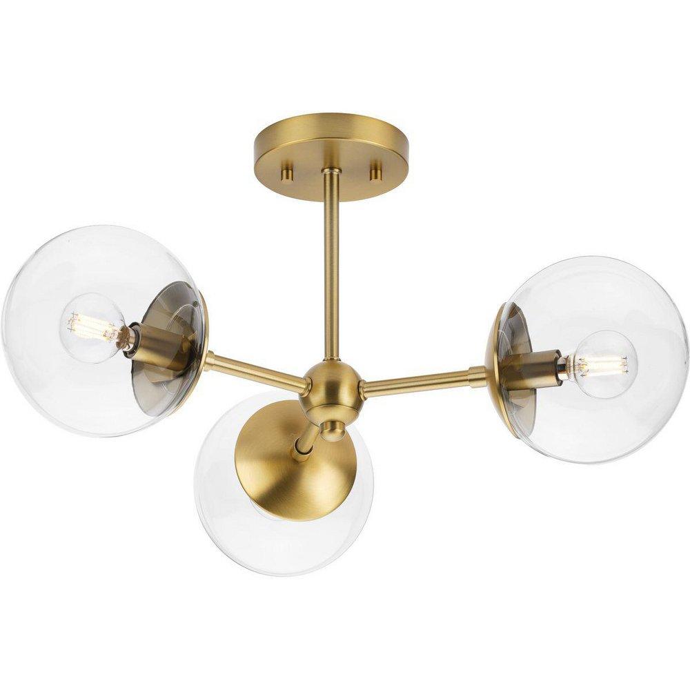 ATWELL COLLECTION THREE-LIGHT BRUSHED BRONZE MID-CENTURY MODERN SEMI-FLUSH MOUNT 