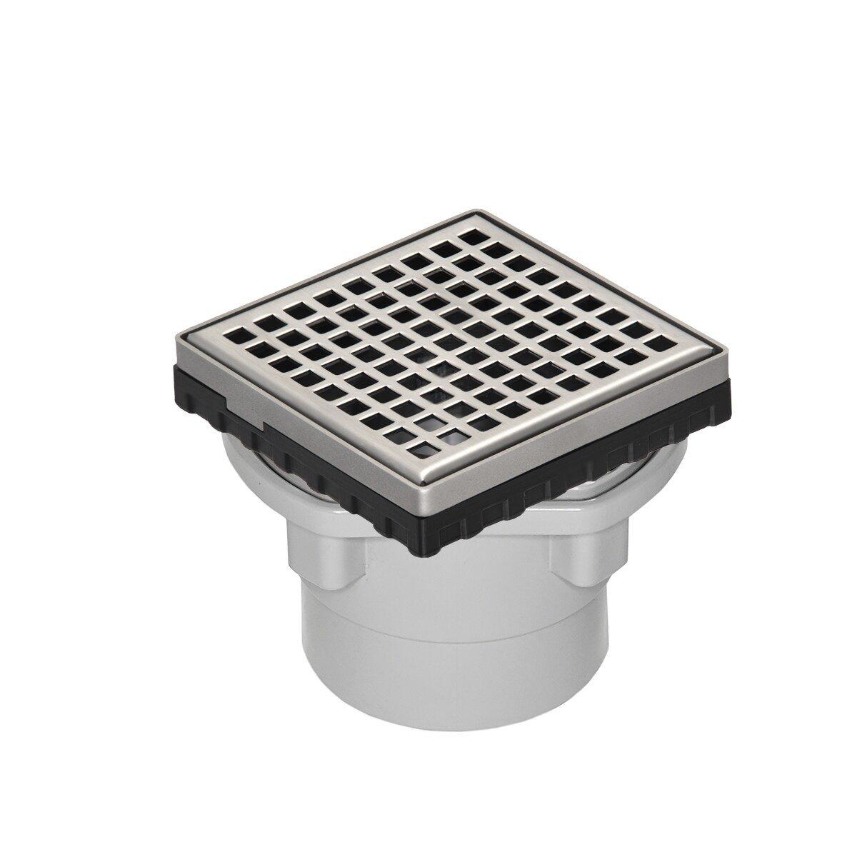 2 in. Clamp Down PVC Shower Drain with 4 in. x 4 in. Squares Pattern Stainless Steel Cover in Satin Stainess 