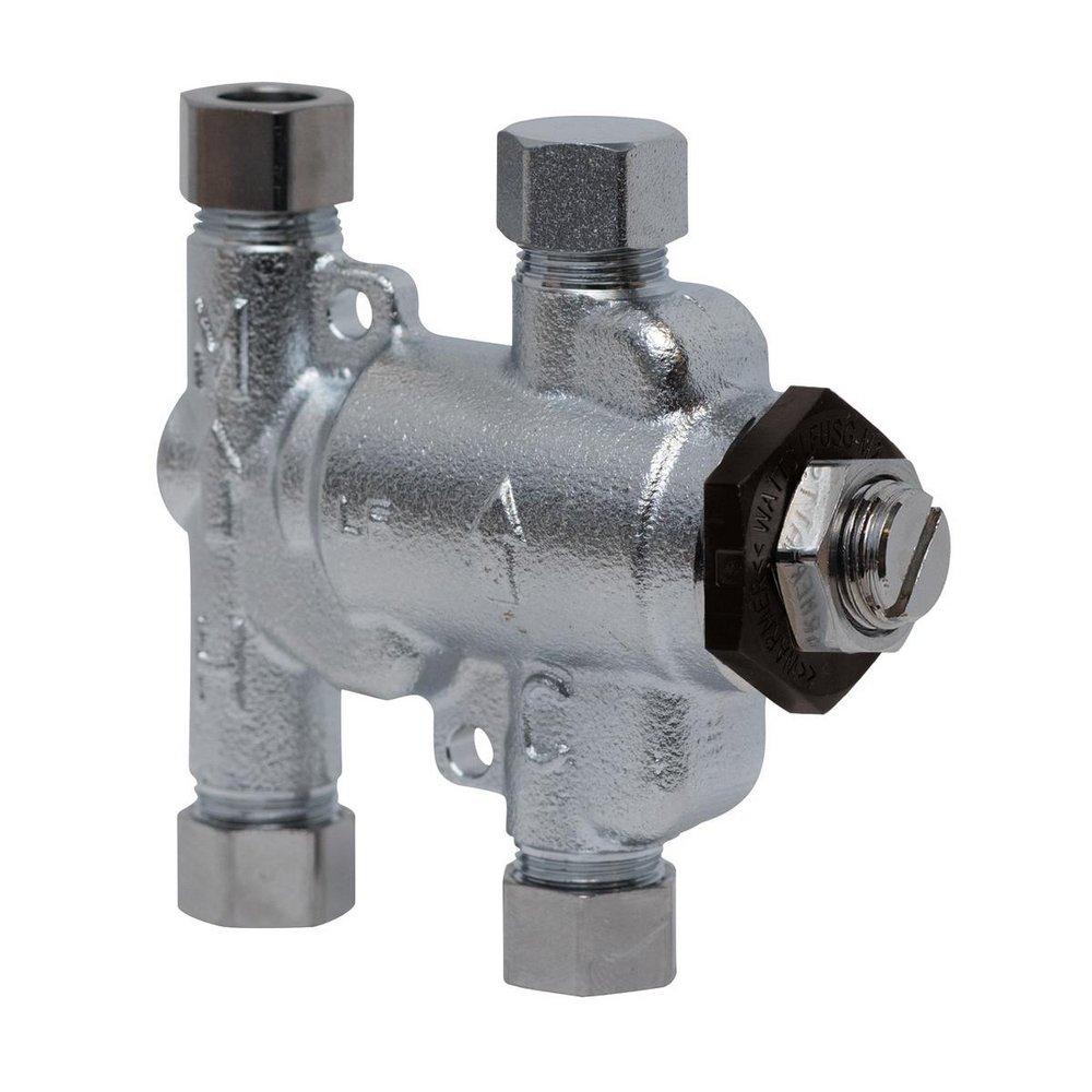 3/8 IN LEAD FREE THERMOSTATIC MIXING VALVE WITH SATIN CHROME FINISH ADJUSTABLE 80-120 F LOW Q VALUE 