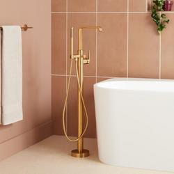 Floor Mount Tub Filler with Built-In Diverter and Hand Shower in Brushed Gold - Less Valve