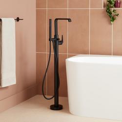 Floor Mount Tub Filler with Built-In Diverter and Hand Shower in Matte Black - Less Valve