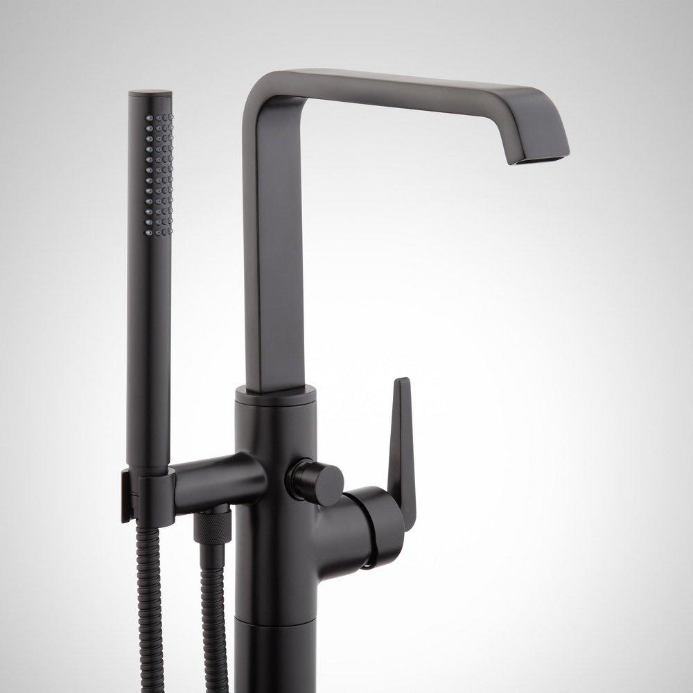Signature Hardware Matte Black Floor Mount Tub Filler with Built-In Diverter and Hand Shower - Less Valve 