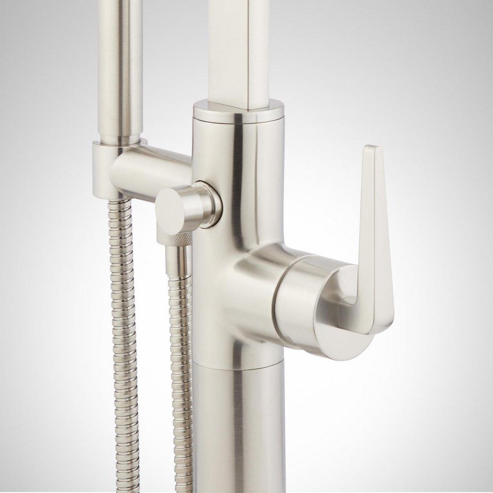 Signature Hardware Brushed Nickel Floor Mount Tub Filler with Built-In Diverter and Hand Shower - Less Valve 