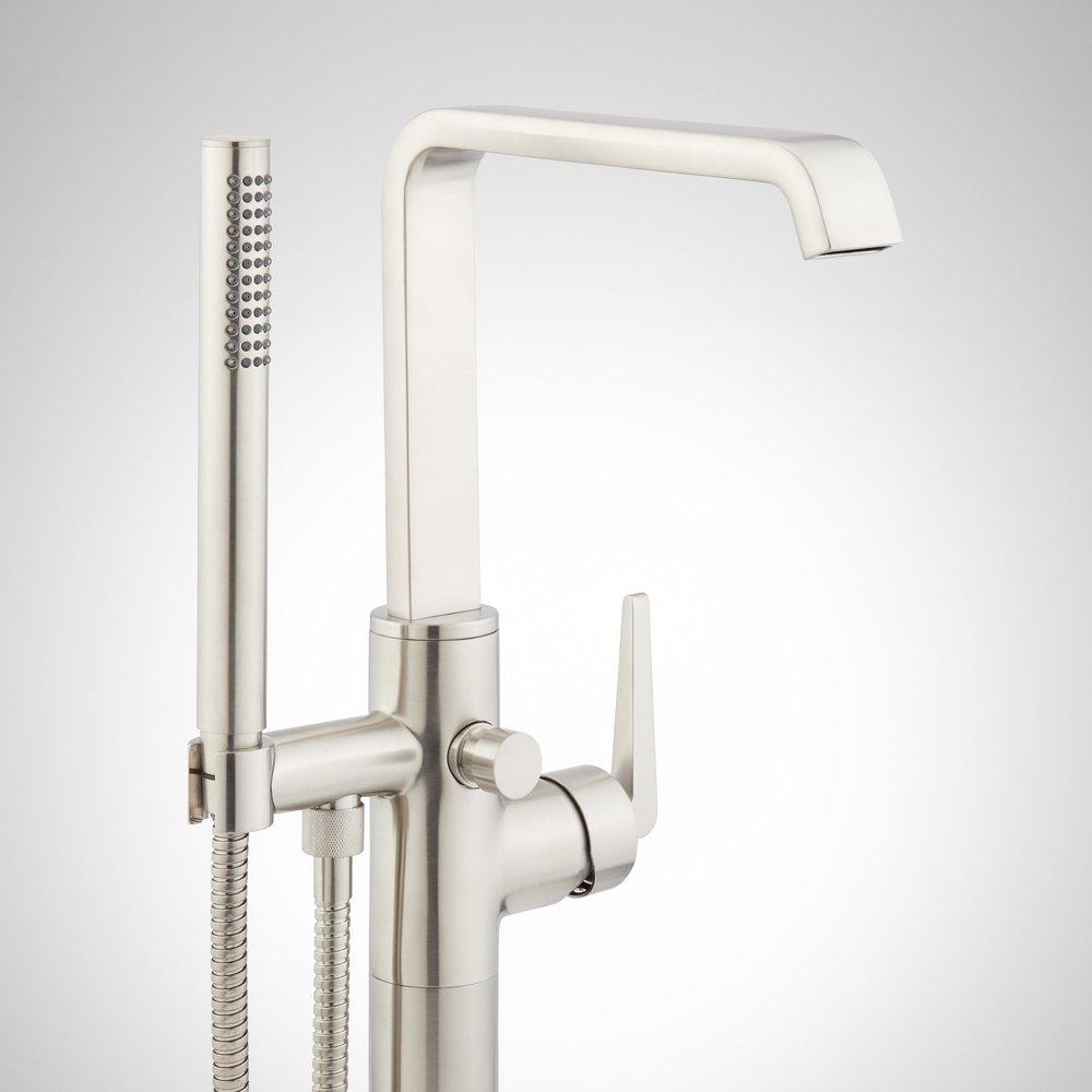 Signature Hardware Brushed Nickel Floor Mount Tub Filler with Built-In Diverter and Hand Shower - Less Valve 