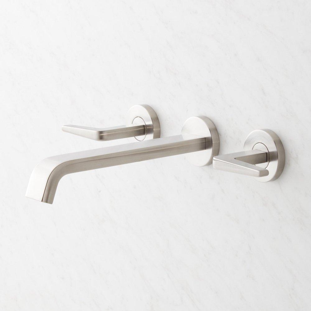 Signature Hardware Brushed Nickel Two Handle Wall Mount Widespread Bathroom Sink Faucet 