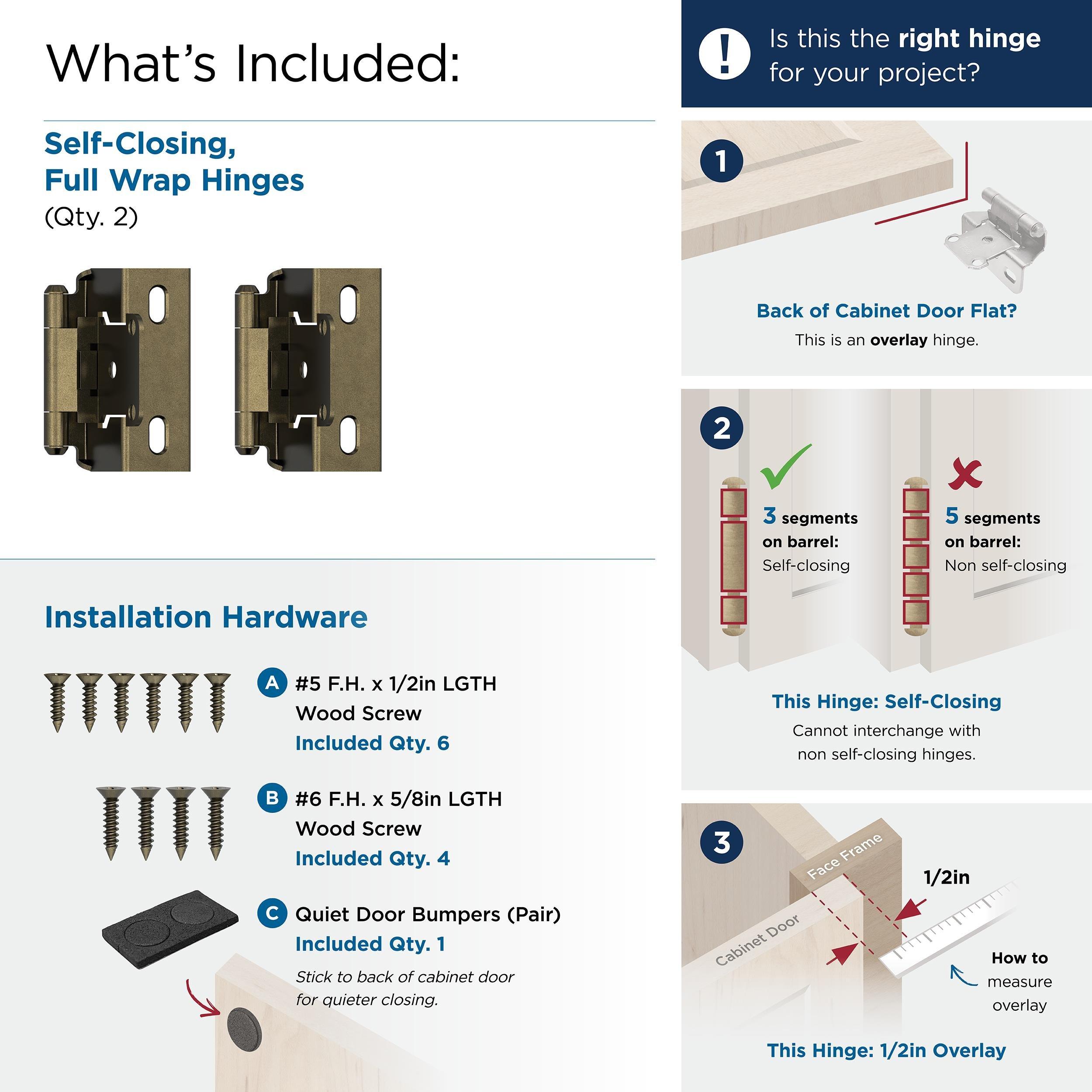 1/2 IN - 13 MM - OVERLAY SELF CLOSING FULL WRAP BURNISHED BRASS CABINET HINGE - 1 PAIR BUBR 