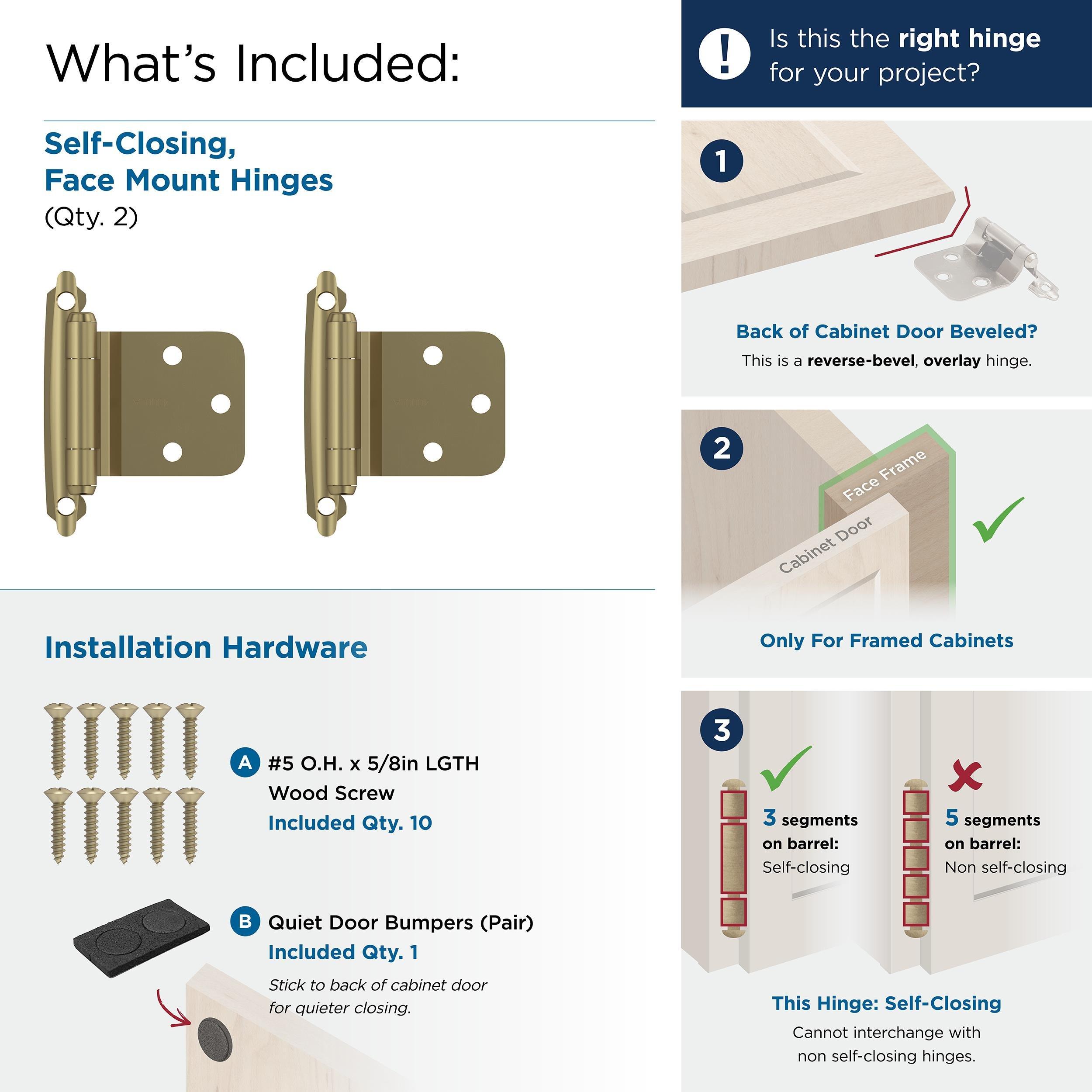 VARIABLE OVERLAY SELF CLOSING FACE MOUNT REVERSE BEVEL GOLDEN CHAMPAGNE CABINET HINGE - 1 PAIR GOCH 