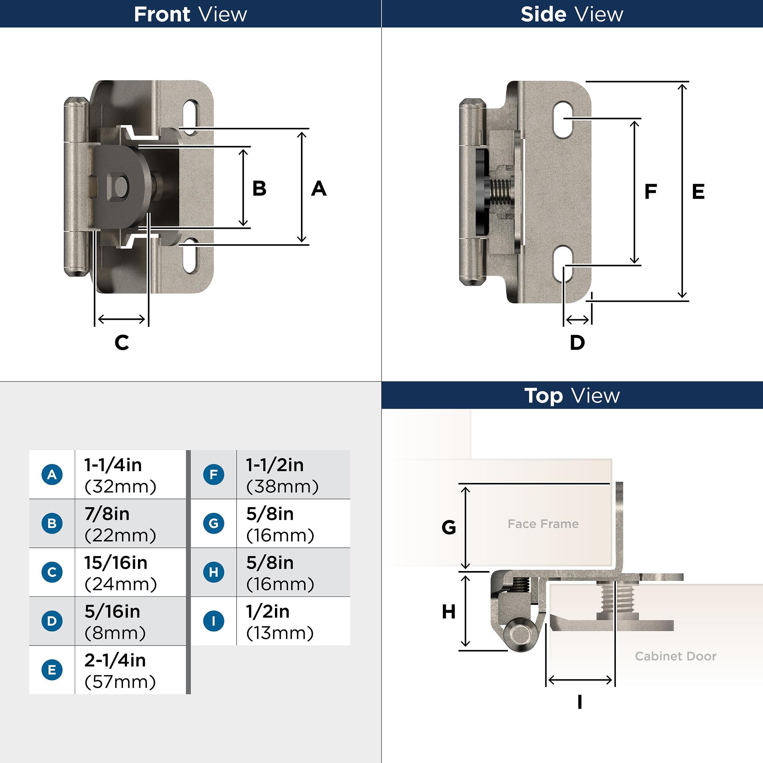1/2 IN - 13 MM - OVERLAY SINGLE DEMOUNTABLE PARTIAL WRAP NICKEL CABINET HINGE - 1 PAIR NI 