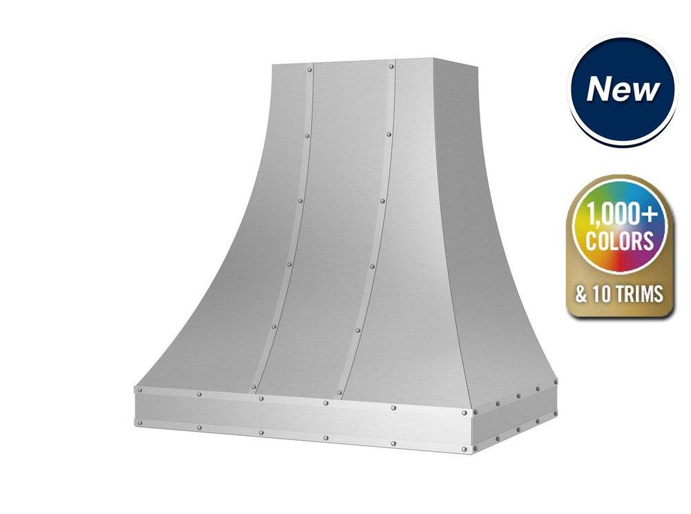 36 RIDGELINE WALL HOOD W/ DESIGNER METAL STRAPPING AND RIVETS. 600 CFM INTERNAL BLOWER INCLUDED. BODY FINISH SPECIALTY PAINT FINISH SPECIFY RAL # MATTE / TEXTURE FINISH OR PRECIOUS METALS - 