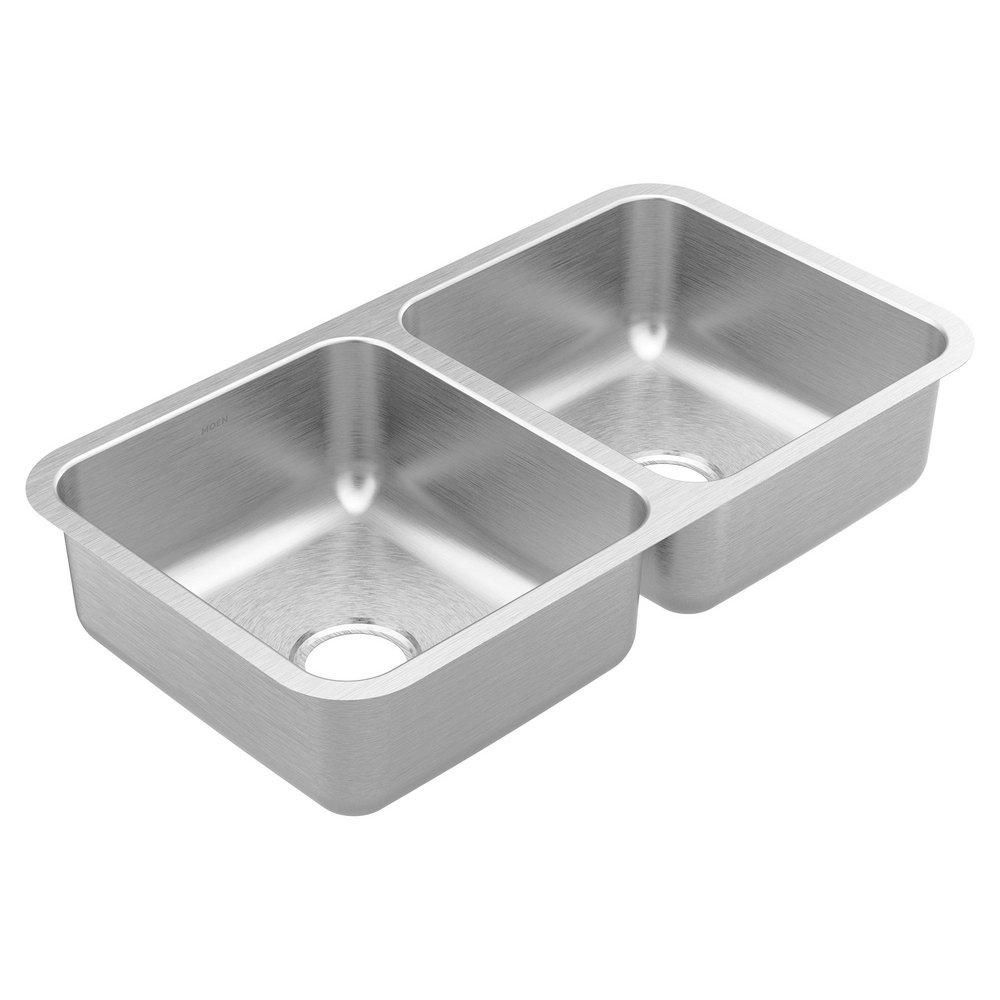 Moen Brushed 32-3/8 x 18-1/8 in. No Hole Stainless Steel Double Bowl Undermount Kitchen Sink 
